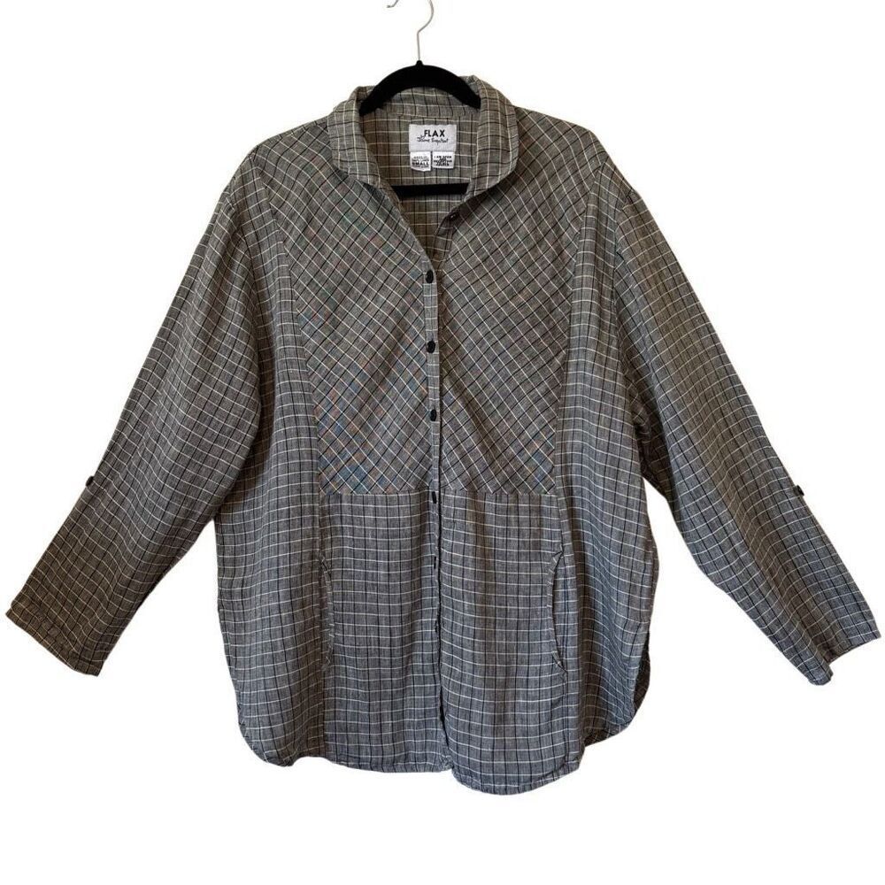 Vintage Flax by Joanne Engelhart Linen Windowpane Plaid Convertible Slv Top Sz S - Picture 1 of 13